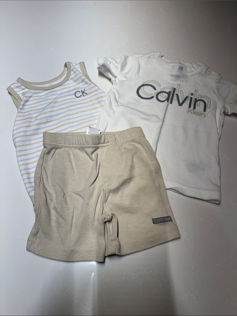 Calvin Klein Infant Three-Piece Tee, Tank & Shorts Set in White and Cream